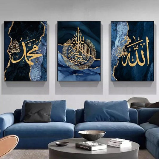 3-Piece Blue Marble Islamic Art