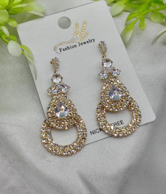 Imported Glamorous Crystal-studded Teardrop Earrings – Nickel Free Earrings – Luxurious Gold Finish