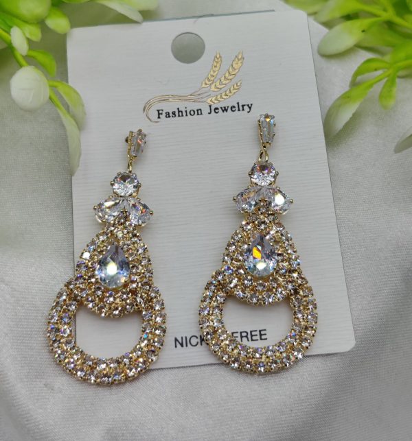 Imported Glamorous Crystal-studded Teardrop Earrings – Nickel Free Earrings – Luxurious Gold Finish