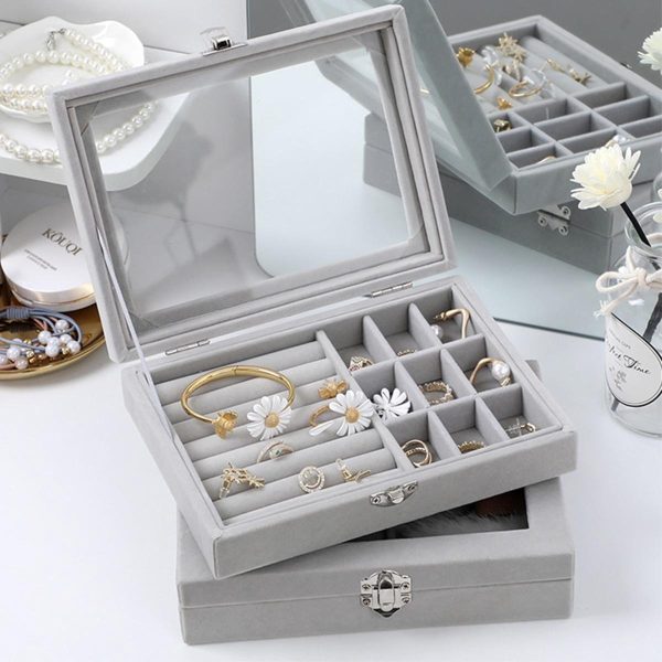 Mistico Velvet  Case With Glass Cover Jewelry Ring  Box, Earrings Bracelet Showcase