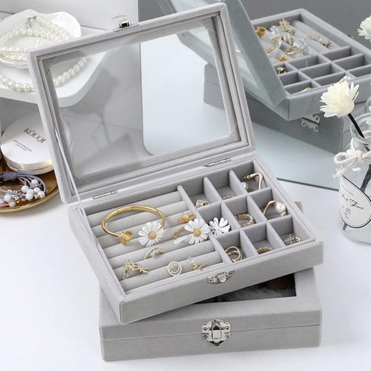 Mistico Velvet  Case With Glass Cover Jewelry Ring  Box, Earrings Bracelet Showcase
