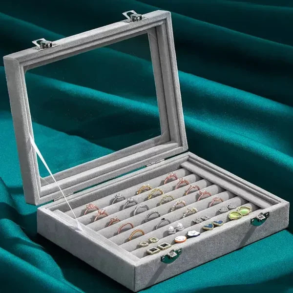 Mistico Velvet  Case With Glass Cover Jewelry Ring  Box, Earrings Bracelet Showcase